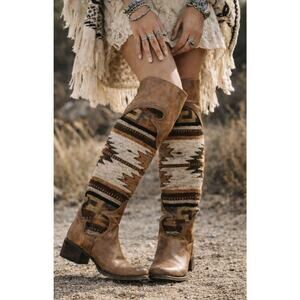 FREEBIRD By Steven OTK SUN Mexican Blanket Boho Style Leather Boots Cognac SZ 7